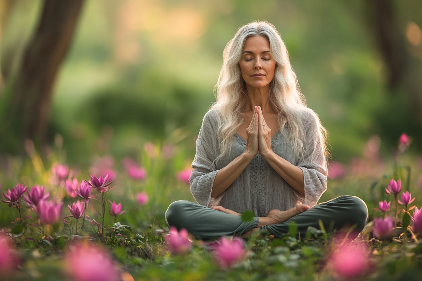 Група старших людей практикує йогу на природі серед дерев